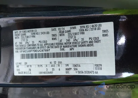 2014 Ford Escape S z USA, uszkodzony, nr VIN 1FMCU0F70EUC67897